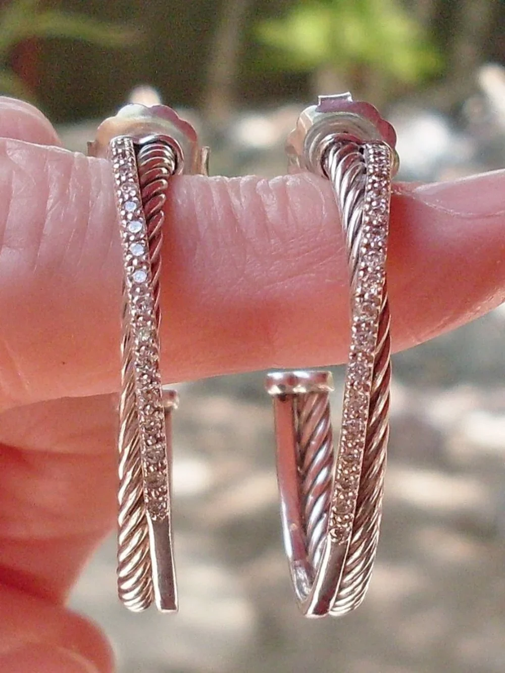 Retired - David Yurman Diamond Crossover Hoop Earrings - 1.5 inches - DY Backs